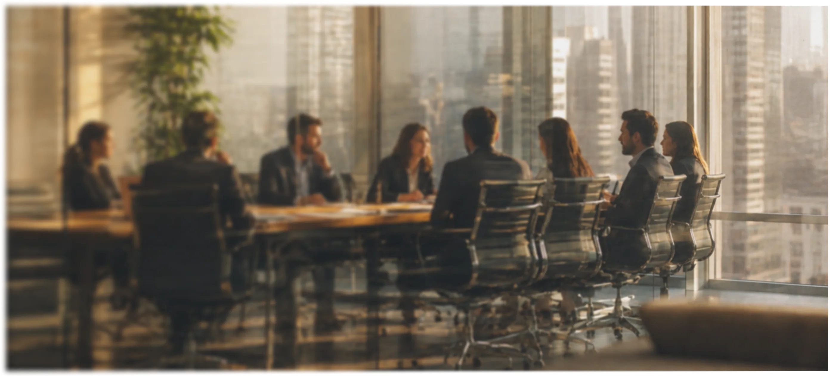 A search team in discussion around a boardroom table